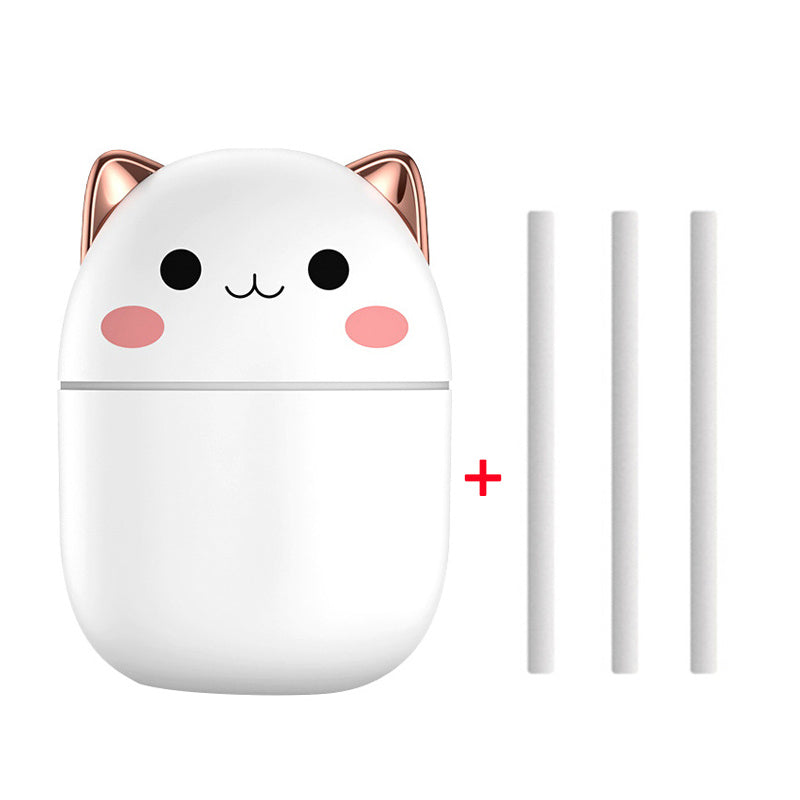 White cat Air Humidifier with extra filter sticks—200 ml USB LED cool-mist diffuser for office or home