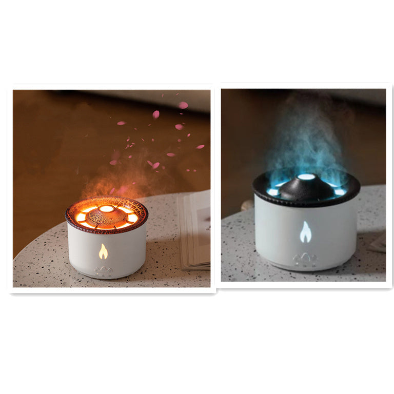 Air Humidifier with dual-color volcano mist effect, orange and blue LED spray ring on a modern table.