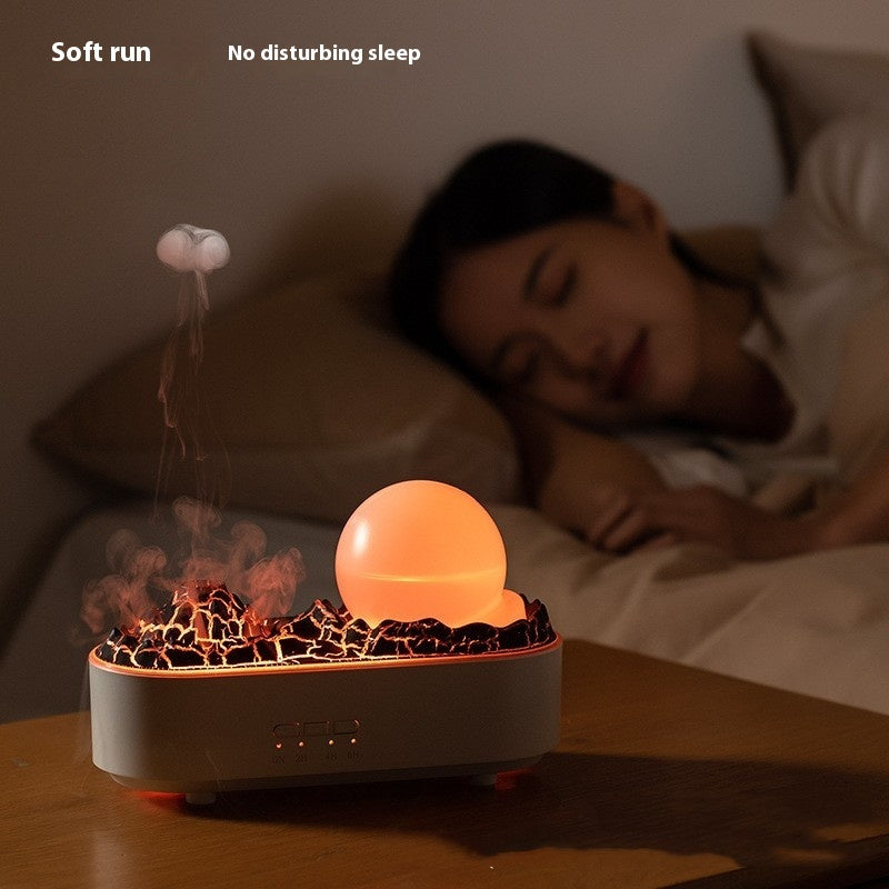 Volcano Humidifier with glowing light on bedside table for peaceful sleep and silent operation.
