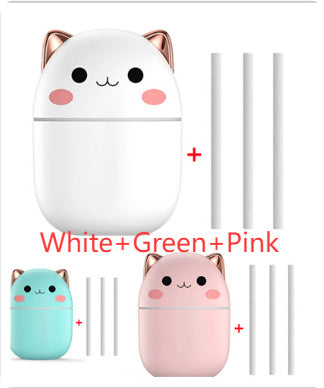 Value bundle of three USB cat-shaped Air Humidifier units (white, green, pink) with filters—quiet LED cool-mist diffusers