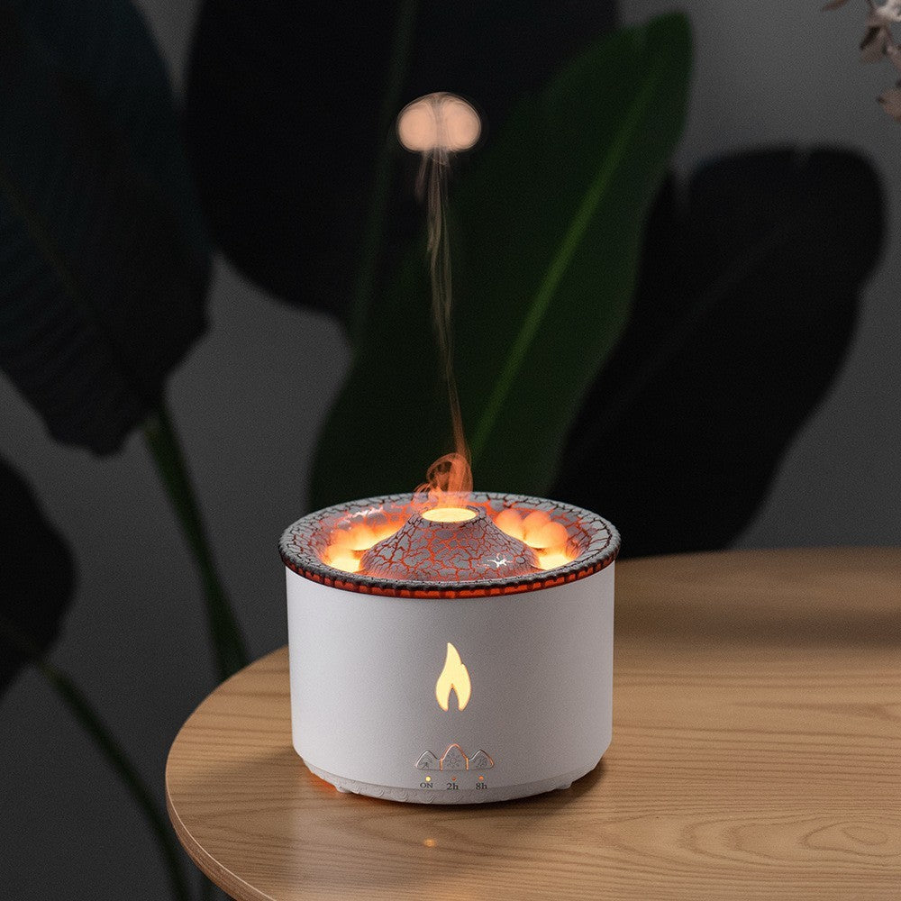 Air Humidifier releasing a thin volcanic plume and ambient orange LEDs for soothing cool mist.