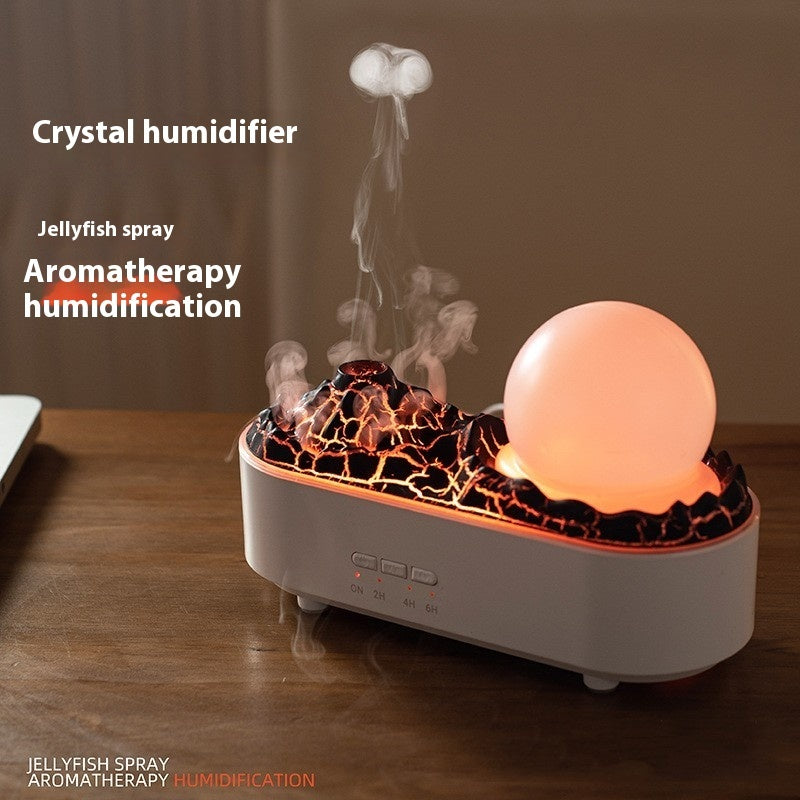 Crystal Volcano Humidifier with aromatherapy and jellyfish mist for relaxing home atmosphere.