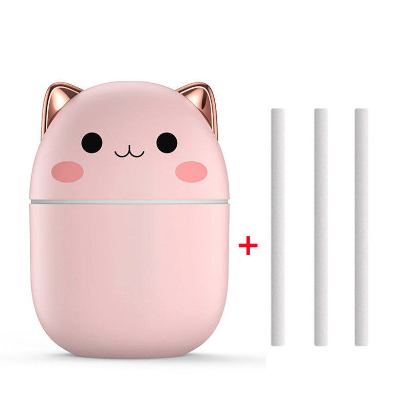 cute cat humidifier pink with three replacement cotton wicks—USB cool-mist air-purifier gift set