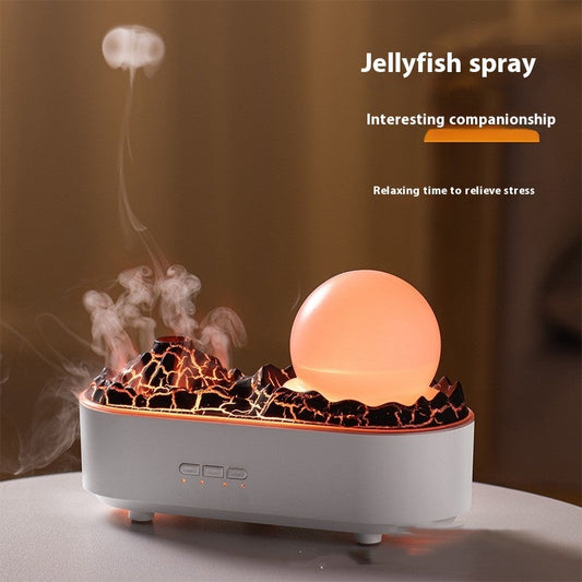 Volcano Humidifier releasing jellyfish-style mist for stress relief and ambient lighting."