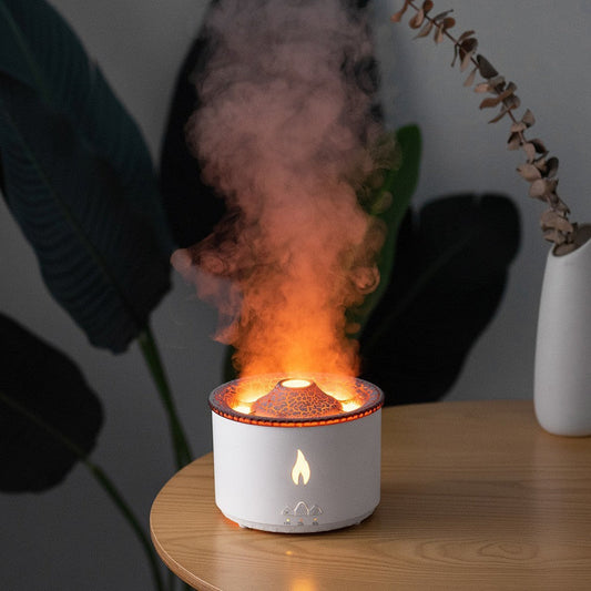 Air Humidifier erupting vivid orange volcano mist and warm LED glow against leafy décor.